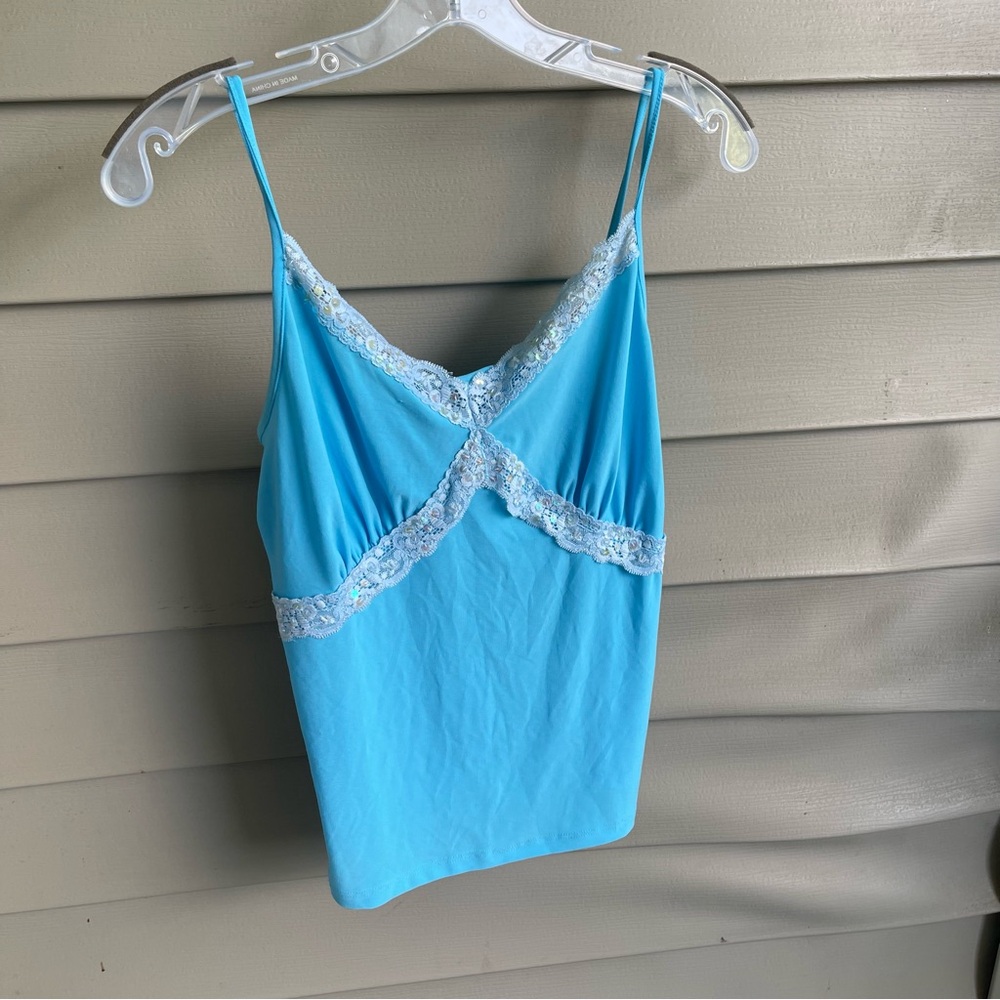 Corducci Babydoll Y2K Baby Blue Top Womens Sz Medium Lace Sequin Coquette‎ Fairy
